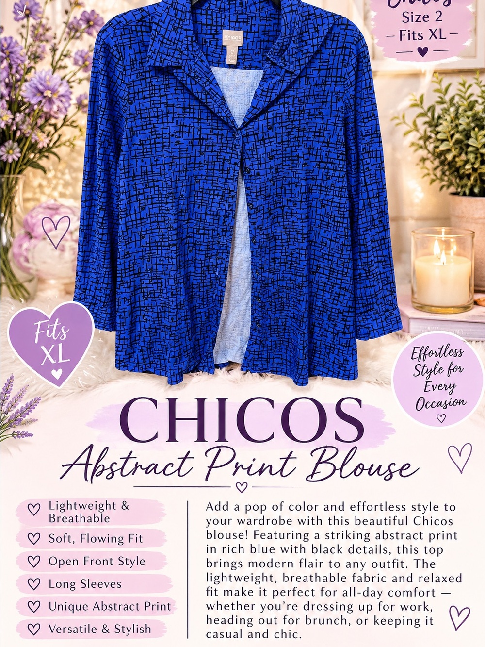 Chico's DESIGNER Royal Blue Abstract Print Open-Front Jacket